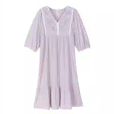 歌倩雅 植物花卉刺绣拼接蕾丝边舒适凉感短袖睡裙 女款 紫色