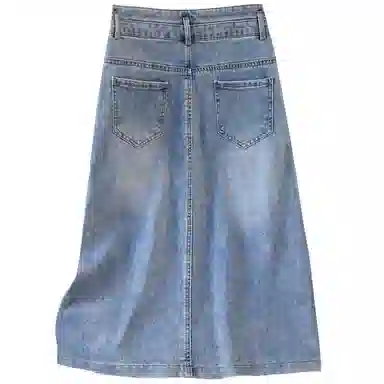 她池 纯色高腰简约牛仔长裙 女款 浅蓝色