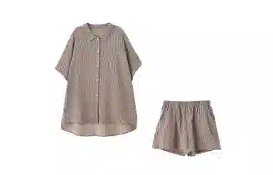 俏薇妮 简约宽松纯棉纱布婴儿棉家居服短袖短裤条纹大码宽松薄款休闲可外穿睡衣套装 女款 亚麻灰