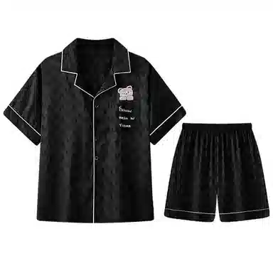 兰缪 简约亲肤舒适凉感翻领短袖开衫休闲可外穿短裤睡衣套装 男款 黑色