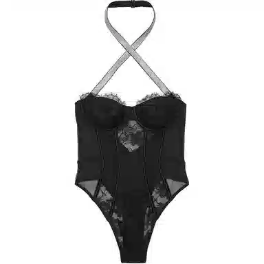 Victoria's Secret PINK Very Sexy Shine Strap Halter Lace Teddy Black