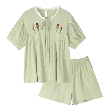 歌倩雅 简约亲肤舒适小清新短袖休闲可外穿短裤睡衣套装 女款 浅绿色