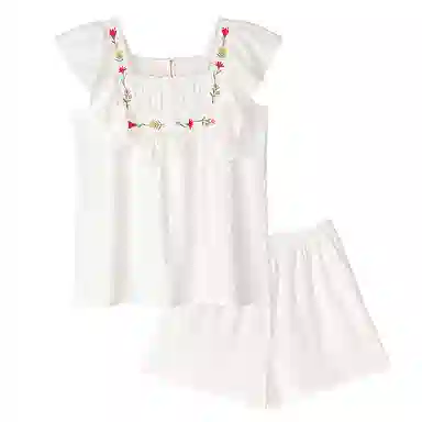 歌倩雅 舒适透气无袖上衣松紧腰短裤睡衣套装 女款 白色