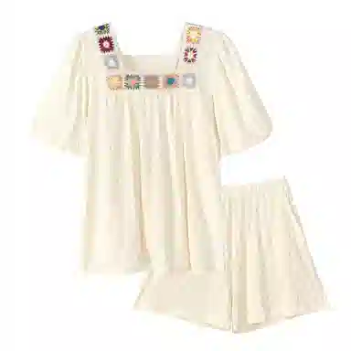 歌倩雅 简约亲肤舒适透气短袖休闲可外穿短裤睡衣套装 女款 米白色