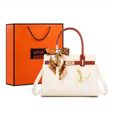 维尼奥 大气国风百合花刺绣小众大容量优雅妈妈 合成革 手提包单肩斜挎包 女款 米白色/杏色