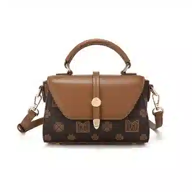 稻草人 复古老花撞色通印防水耐磨可调节肩 聚氯乙烯革拼聚氨酯革 小方包手提小包斜挎包带单肩包 小号 女款 深棕色/米白