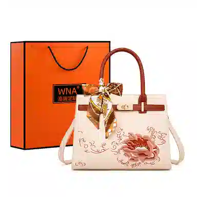 维尼奥 大气国风百合花刺绣小众大容量优雅妈妈 合成革 手提包单肩斜挎包 女款 米白色/杏色