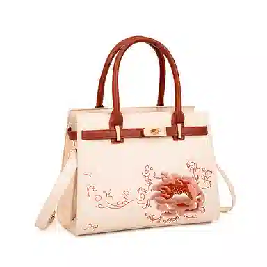 维尼奥 大气国风百合花刺绣小众大容量优雅妈妈 合成革 手提包单肩斜挎包 女款 米白色/杏色