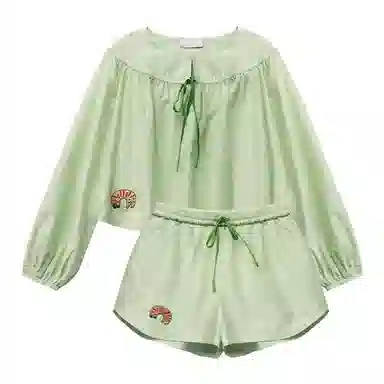 桑罗 亲肤休闲长袖舒适透气短裤睡衣套装 女款 青玉石