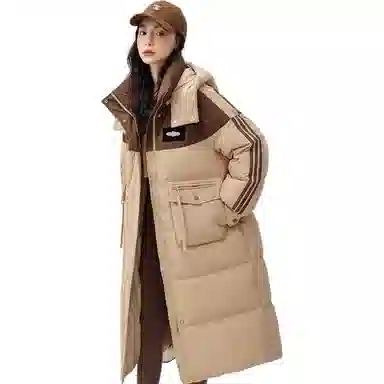 鸭鸭 连帽撞色拼接加厚保暖时尚韩版甜美风森系通勤羽绒服 女款