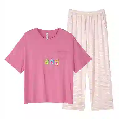 歌倩雅 纯色圆领短袖松紧腰长裤可外穿睡衣套装 女款 玫粉