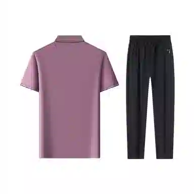 富铤 纯色套头翻领短袖通勤凉爽舒适长裤两件套休闲运动套装 男款