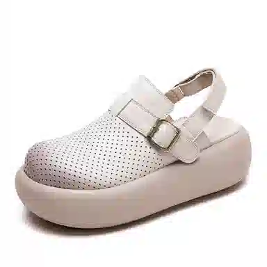 杰骤 头层牛皮 镂空透气 厚底增高 休闲单鞋 女款