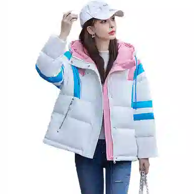 鸭鸭 撞色厚款保暖宽松短款连帽羽绒服 女款 月影白色