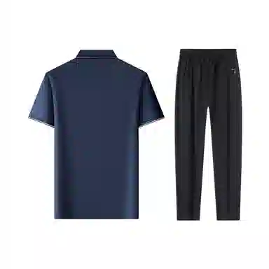 富铤 纯色套头翻领短袖通勤凉爽舒适长裤两件套休闲运动套装 男款