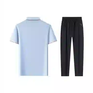 富铤 纯色套头翻领短袖通勤凉爽舒适长裤两件套休闲运动套装 男款