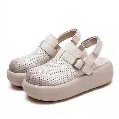 杰骤 头层牛皮 镂空透气 厚底增高 休闲单鞋 女款