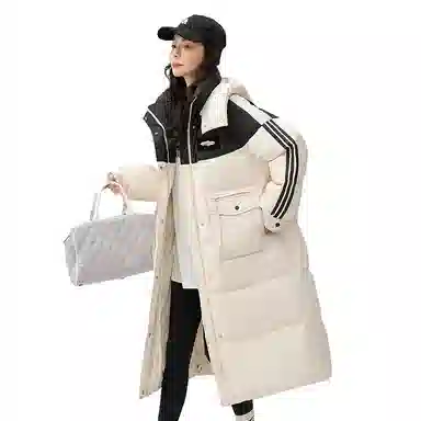 鸭鸭 连帽撞色拼接加厚保暖时尚韩版甜美风森系通勤羽绒服 女款