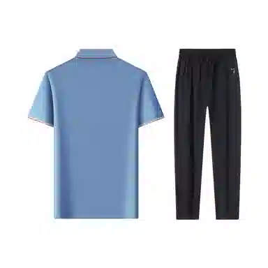 富铤 纯色套头翻领短袖通勤凉爽舒适长裤两件套休闲运动套装 男款