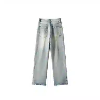 双星八特 美式复古纯色水洗做旧黄泥染高街宽松休闲直筒显高显瘦牛仔裤 男女同款