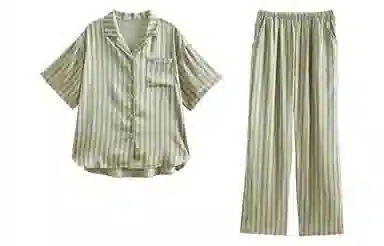 歌倩雅 凉感型短袖长裤薄款条纹高级感家居服睡衣套装 女款 绿色