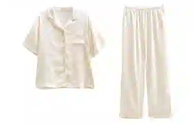 歌倩雅 纯色翻领短袖松紧腰长裤时尚高级感睡衣套装 女款 杏色