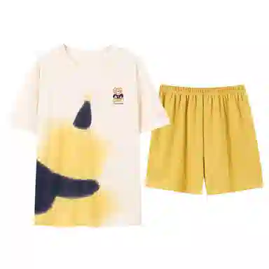 贴身领域 夏季 小熊卡通印花短袖纯棉透气可外穿舒适短裤睡衣套装 女款 杏色