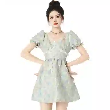 美丽衣橱 高腰套头碎花短袖连衣裙 女款 蓝色