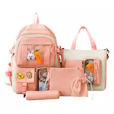 艾妮兔 五件套初中高中生小学生尼龙女大容量双肩包 女款 多色