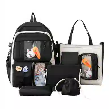 艾妮兔 五件套初中高中生小学生尼龙女大容量双肩包 女款 多色