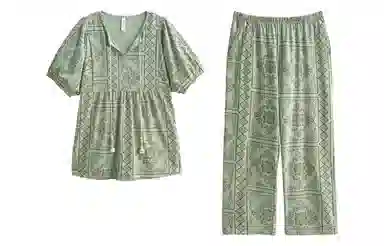 歌倩雅 薄款时尚民族风短袖长裤家居服夏季睡衣套装 女款 绿色