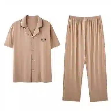 欧迪芬 印花简约翻领短袖上衣纯色凉感透气长裤睡衣套装 男款 棕色白