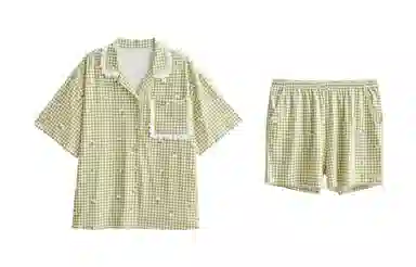 歌倩雅 清新时尚格子短袖三分裤睡衣套装 女款 绿色