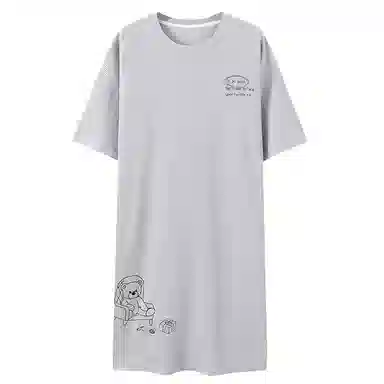 贴身领域 卡通熊印花华夫格薄款纯棉圆领套头短袖休闲可外穿睡衣睡裙 女款 灰色