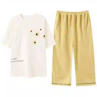 贴身领域 时尚圆领短袖七分短裤带口袋可外穿棉质休闲家居服夏季睡衣套装 女款 米黄