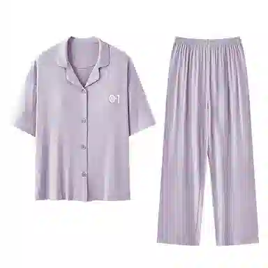 欧迪芬 莫代尔凉感透气亲肤舒适翻领开衫短袖休闲纯色简约风睡衣套装 女款 紫色