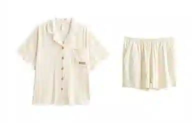 歌倩雅 薄款时尚简约高级感翻领开衫短袖上衣松紧腰五分裤睡衣套装 女款 米白色