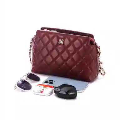 红蜻蜓 菱格链条包小香风真皮 头层牛皮革 斜挎包 小号 女款 黑色/白色/酒红