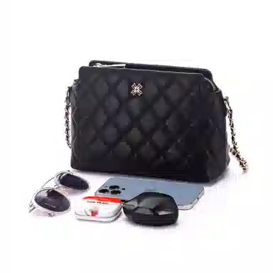 红蜻蜓 菱格链条包小香风真皮 头层牛皮革 斜挎包 小号 女款 黑色/白色/酒红