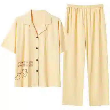贴身领域 卡通薄款休闲短袖长裤可外穿家居服睡衣套装 女款 黄色