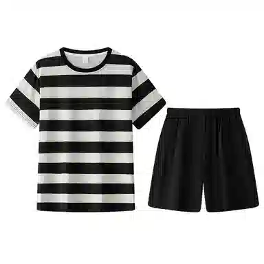 兰缪 简约亲肤舒适条纹圆领短袖凉感休闲家居可外穿纯色短裤睡衣套装 男款 黑色