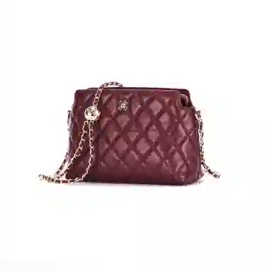 红蜻蜓 菱格链条包小香风真皮 头层牛皮革 斜挎包 小号 女款 黑色/白色/酒红