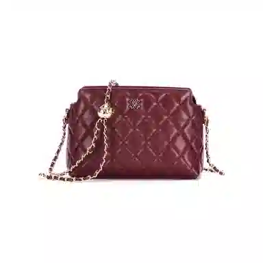 红蜻蜓 菱格链条包小香风真皮 头层牛皮革 斜挎包 小号 女款 黑色/白色/酒红