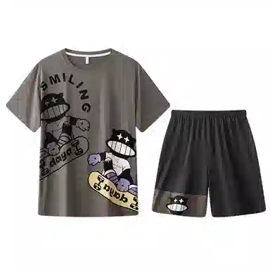 兰缪 薄款卡通印花圆领套头短袖松紧短裤睡衣套装 男款 深灰色