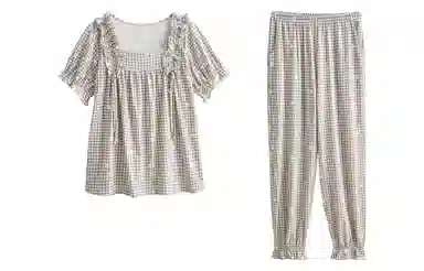 歌倩雅 格子方领花边短袖舒适透气长裤睡衣套装 女款 咖色