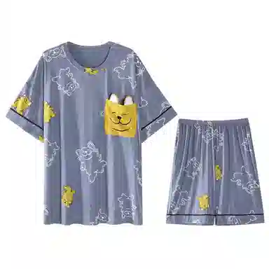 兰缪 袖亲肤短袖简约透气短裤睡衣套装 男款 蓝色