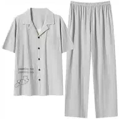 贴身领域 卡通熊印花短袖条纹长裤带口袋薄款休闲可外穿家居服睡衣套装 男款 灰色