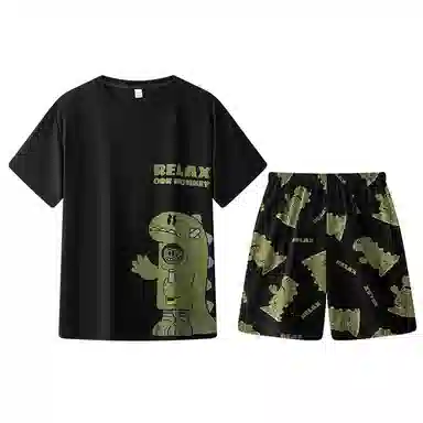 兰缪 卡通恐龙印花圆领套头短袖松紧短裤睡衣套装 男款 黑色