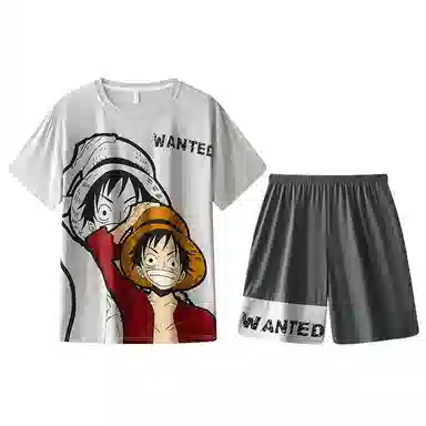 兰缪 卡通字母印花圆领套头短袖睡衣套装 男款 白色