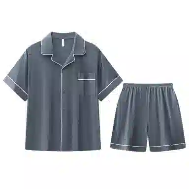 兰缪 简约休闲翻领短袖上衣松紧腰短裤睡衣套装 男款 蓝色